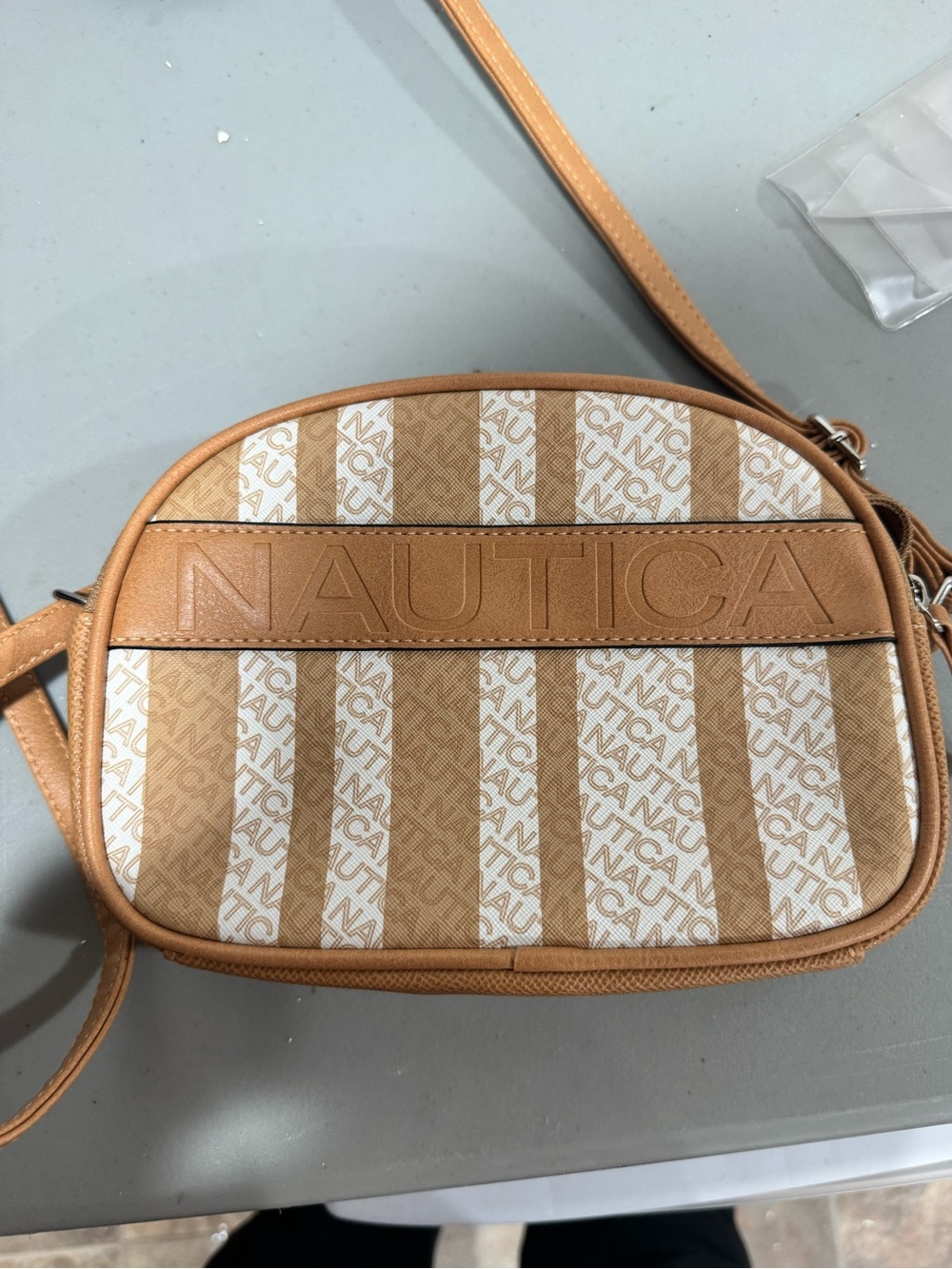Nautica Tan & White‎ Striped Logo Crossbody Bag